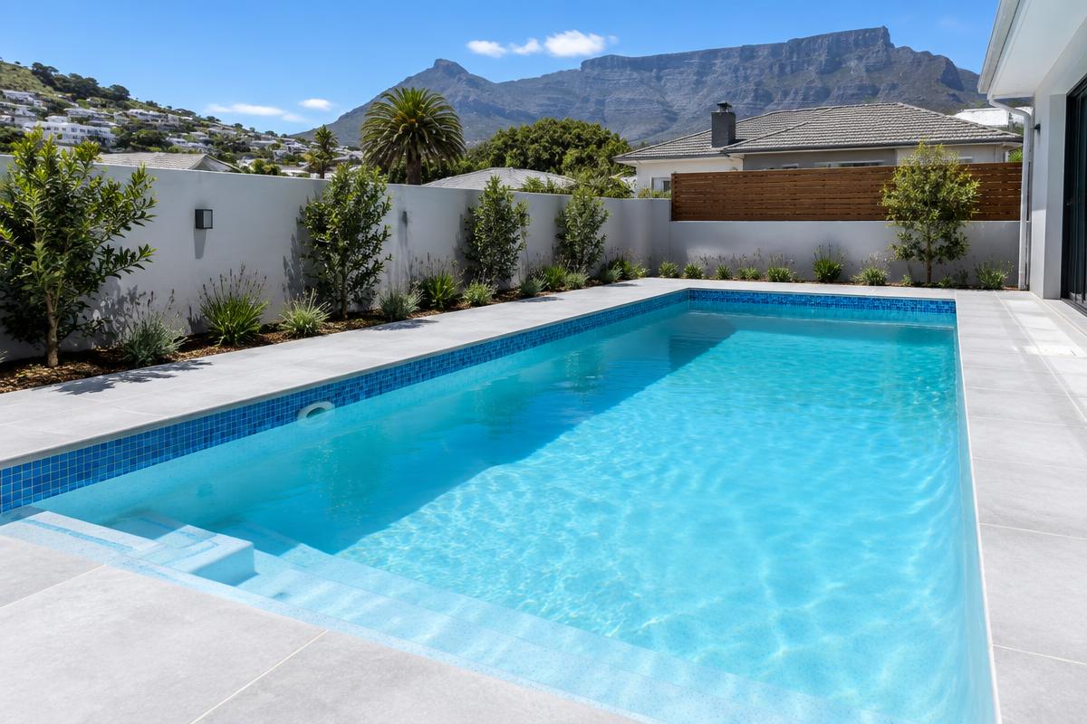 Newly built swimming pool with blue mosaic waterline tiles in a Cape Town garden